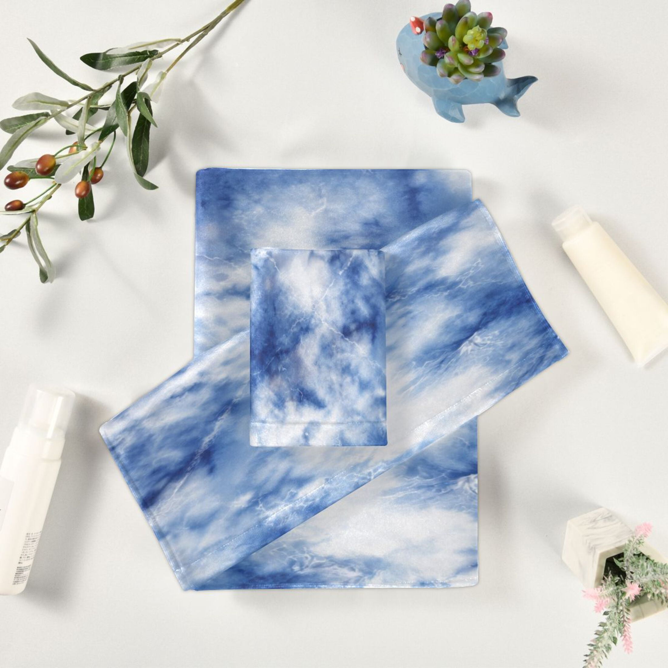 3 Piece Bath Towels Set Bath Towel, Hand Towel and Face Towel for Bathroom, Gym, Hotel Blue Tie-dye Pattern