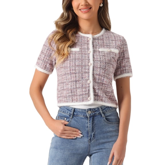 INSPIRE CHIC Women's Tweed Knit Jacket Short Sleeve Crew Neck Cropped Cardigan Pink XS