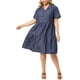 thumbnail image 2 of Women's Plus Size Jean Dress Turndown Collar Elastic Back Button Short Sleeve Denim Dress Blue 1X, 2 of 7