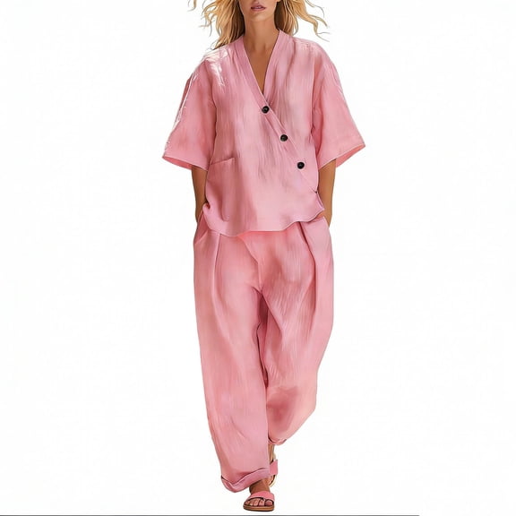 Atogsazn Women's Summer 2 Piece Outfits Cotton Linen V Neck Two Piece Set Loose Fit Outfit Wide Leg Pants Pink Fashion