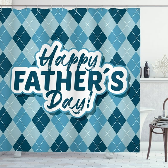 Father's Day Shower Curtain, Calligraphy on a Rhombus Design Background, Fabric Bathroom Set with Hooks, 69W X 70L Inches, Dark Teal Blue Grey Pale Blue Grey and White, by Ambesonne