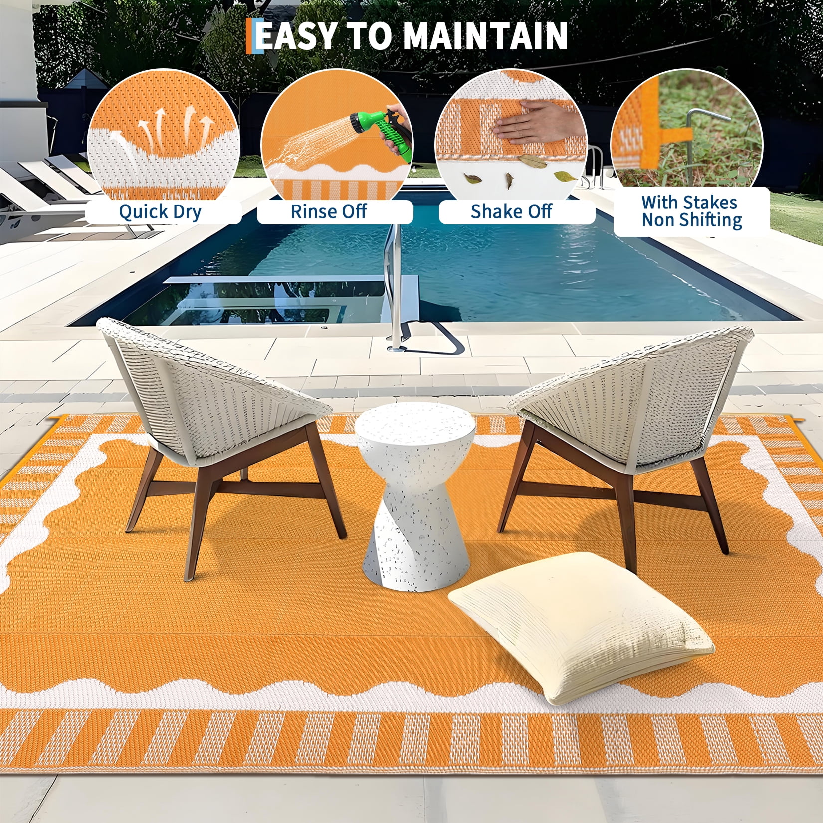 Garvee 9x12ft Outdoor Rug Modern Simple Reversible Area Rug, Plastic Straw Rug Waterproof Outdoor Carpet with Bordered Design for Patio Backyard Camping Beach RV Porch, Orange