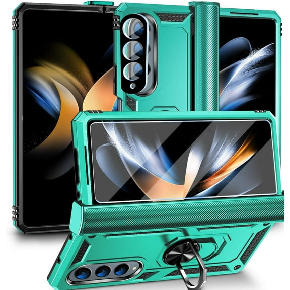 [4 in 1 Hinge Protection for Samsung Galaxy Z Fold 4 5G Case with Tempered Glass Screen Protector & Camera Lens Protector & Kickstand，[Military-Grade] Samsung Z Fold 4 Phone Case (Teal)