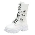 thumbnail image 3 of Womens Mid Calf Motorcycle Riding Combat Boots Punk Studded Buckles Leather Chunky Platform Tall Boots with Side Zipper White Size 7.5, 3 of 4