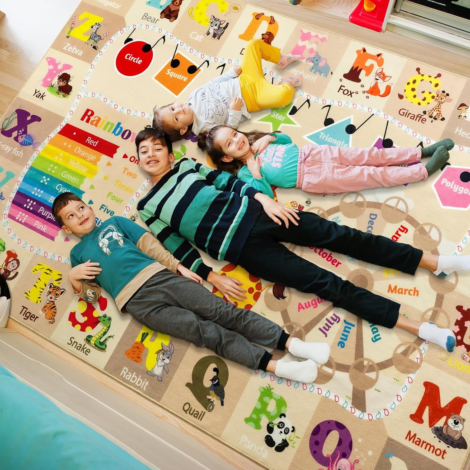 Noahas Playroom Rug Daycare Kids Rug 6x9,Educational and Fun Nursery Rug with ABC Alphabet Animals Classroom Rug Washable Kids Play Mat Baby Toddler Children Boys Rugs for Bedroom,Beige