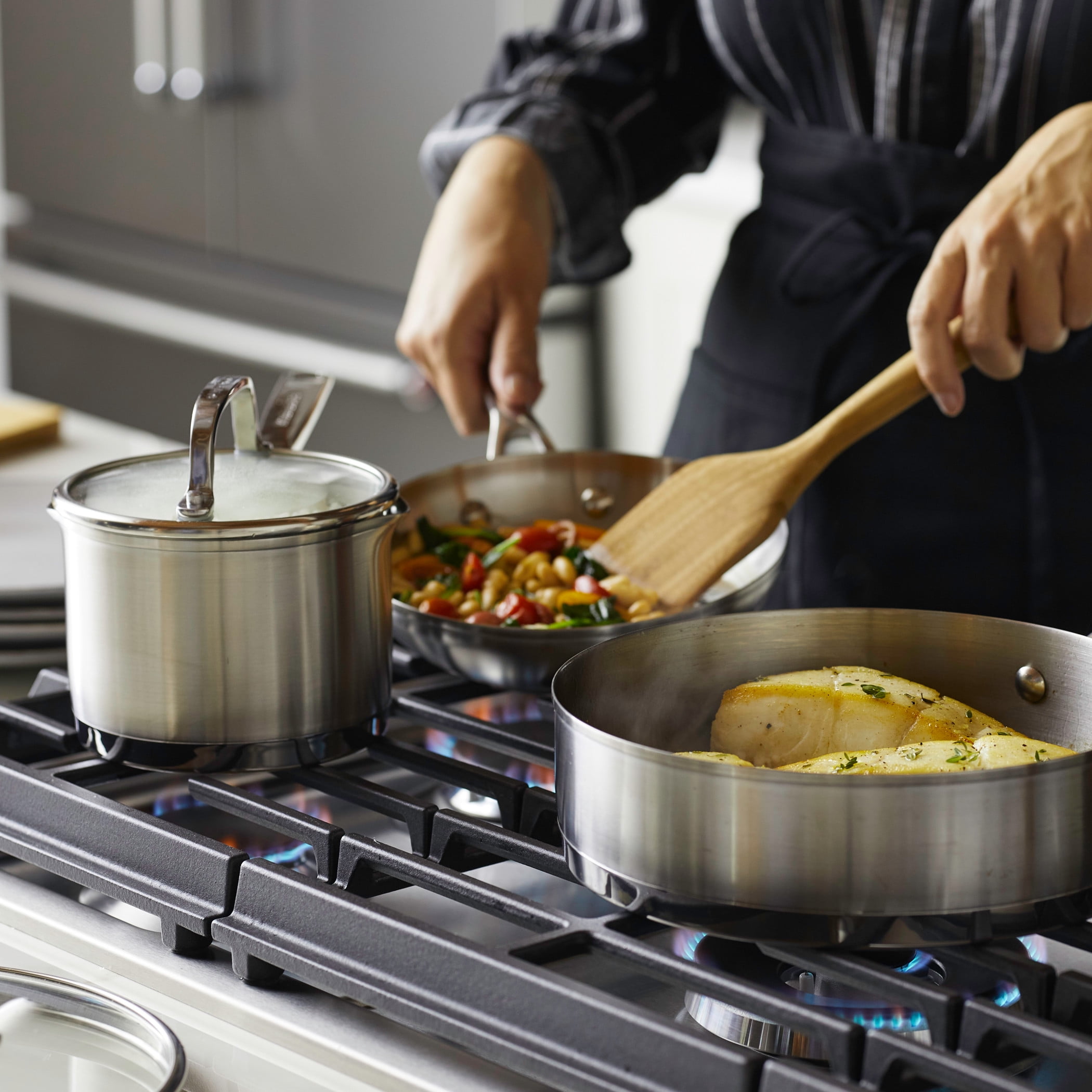 KitchenAid 3-Ply Base 11 Pcs Stainless Steel Cookware Induction Pots and Pans Set, Metal Utensil and Dishwasher Safe and Oven Safe to 500°F, Brushed Stainless Steel
