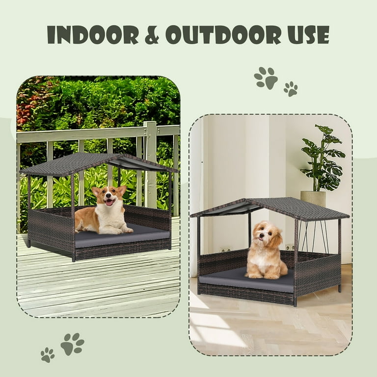 Gymax Wicker Dog House w Cushion Lounge Raised Rattan Bed for Indoor Outdoor Grey