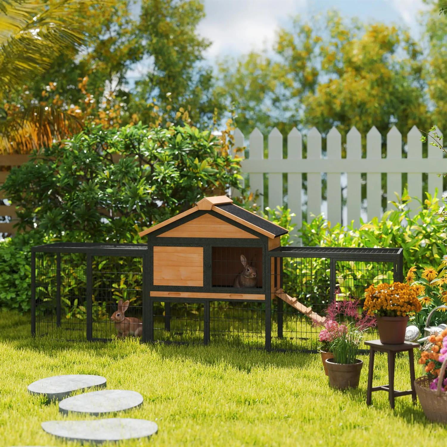 Pefilos 85" Wood Rabbit Hutch, Guinea Pig Cage with Removable Plastic Tray, Asphalt Roof, Bunny House for Small Animals Outdoor Indoor, Yellow