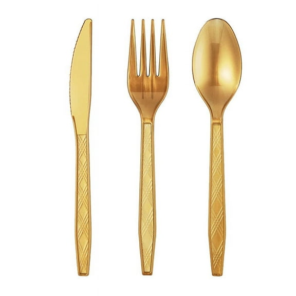 Firefly Hope 60 Pieces Disposable Plastic Cutlery Set, 20 Forks, 20 Knives, 20 Spoons, Durable Plastic Utensils for Home, Office, School, Parties, Picnics & Outdoor Events (Gold)