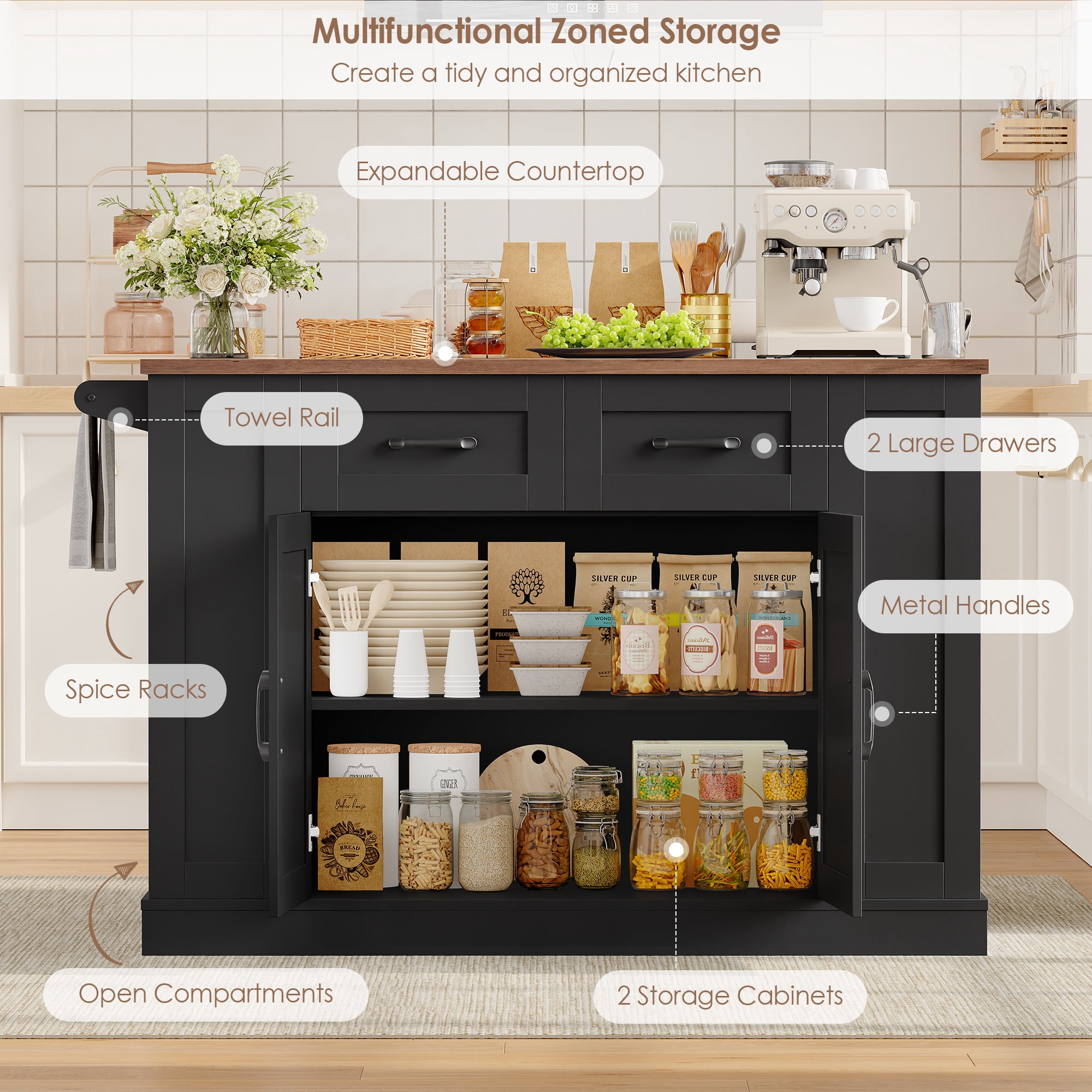 Homfa 47.2'' Kitchen Island with Drop Leaf and Charging Station, Portable Kitchen Island with Storage and 2 Seating, Black Rolling Cart with Wheels for Kitchen, Dining Table for 2