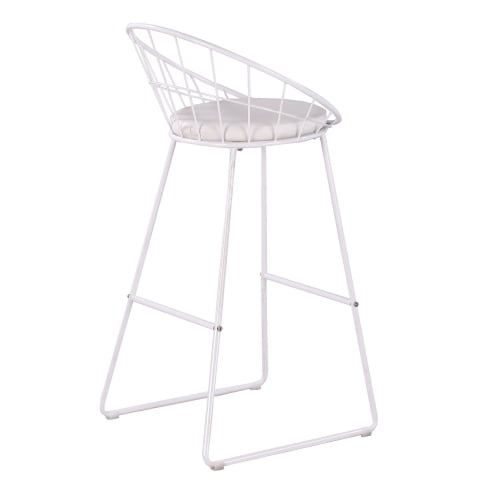 Set of 2 Modern Nordic Industrial Counter Height Bar Stools, 29.5" Seat Height, Curved Hollow Metal Backrest, Padded Faux Leather Seat, Heavy-Duty Sled Base, White