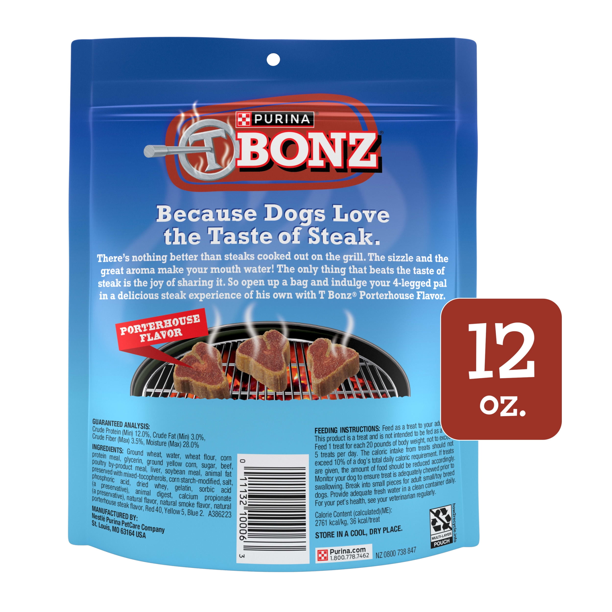 Purina T-Bonz Dog Treats with Porterhouse Flavor and Real Beef, 12 oz Pouch