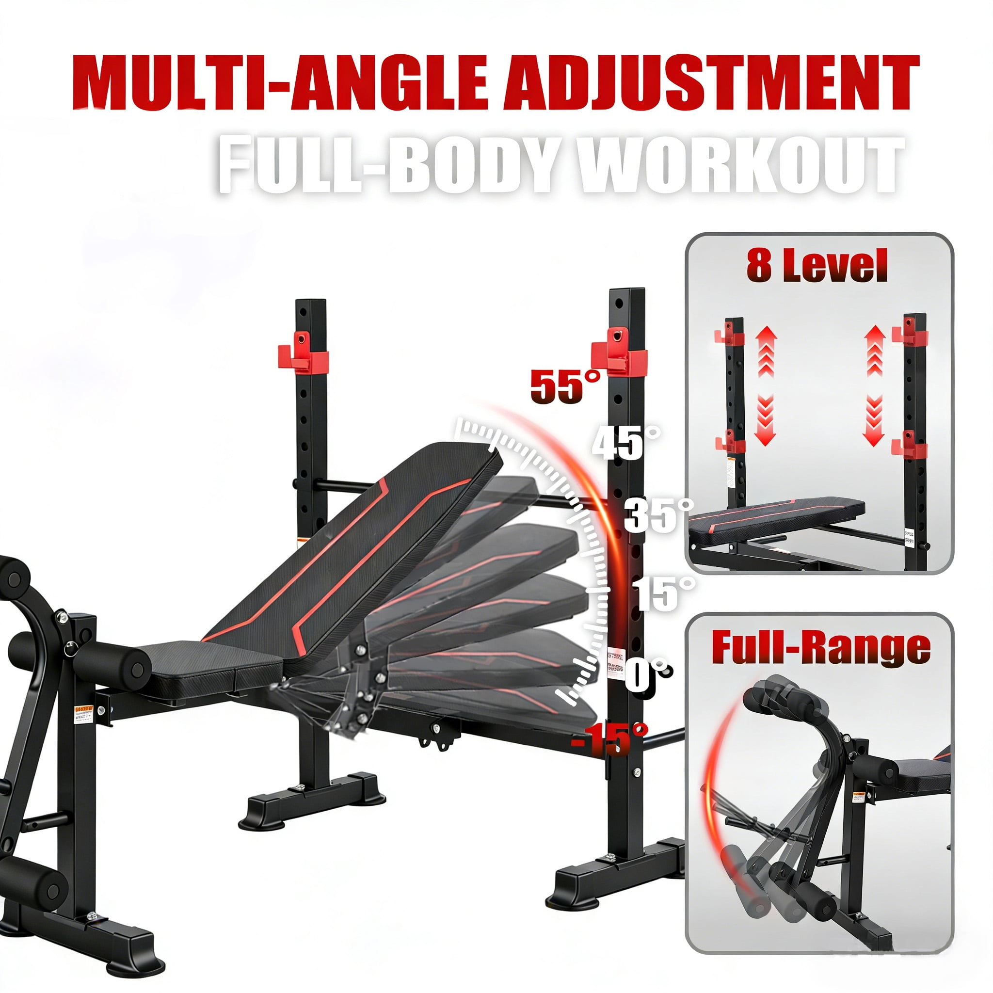 Foldable 750LBS Weight Bench with Bench press rack, Adjustable Workout Bench Set with Leg Extension/Curl,Standard Bench Press Set for Home Gym Full Body Training