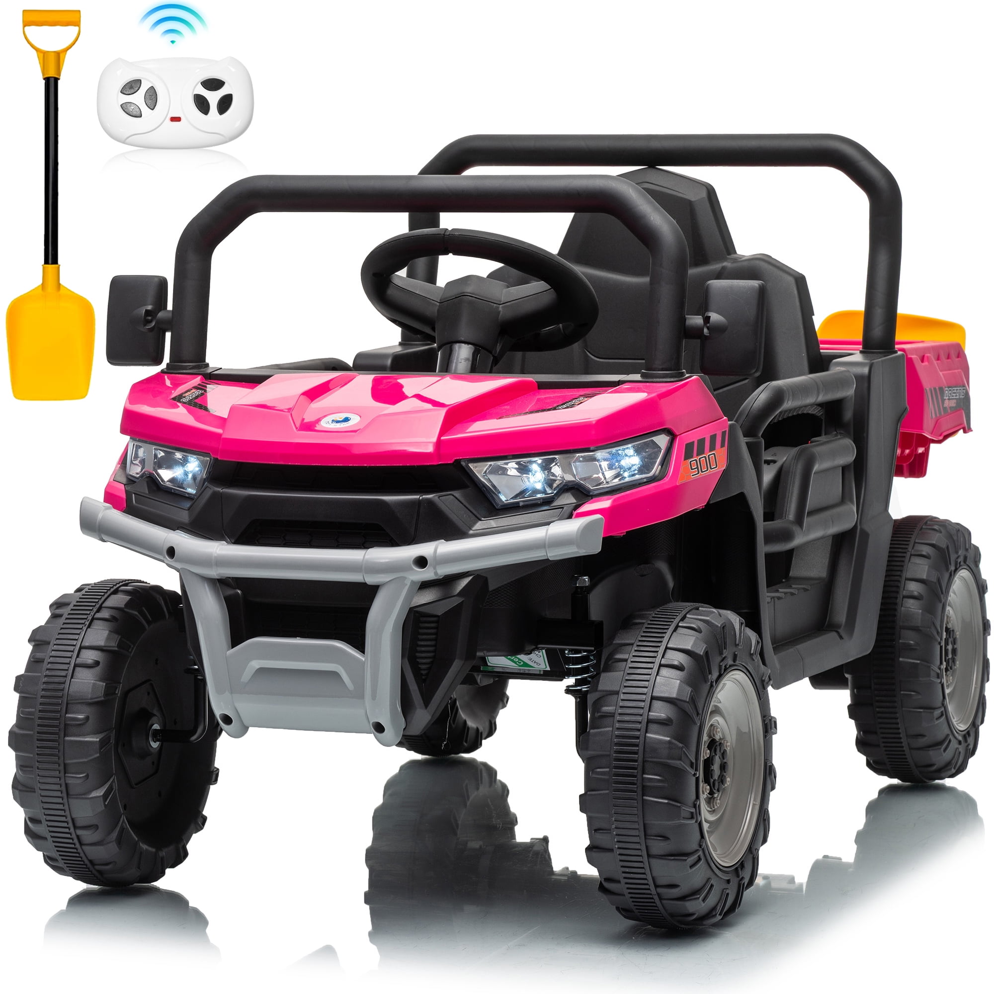 Joyracer 24 Volt Ride on Toys, Power Car Wheels with Dump Bed, Remote, Music, Shovel, Bluetooth, Pink