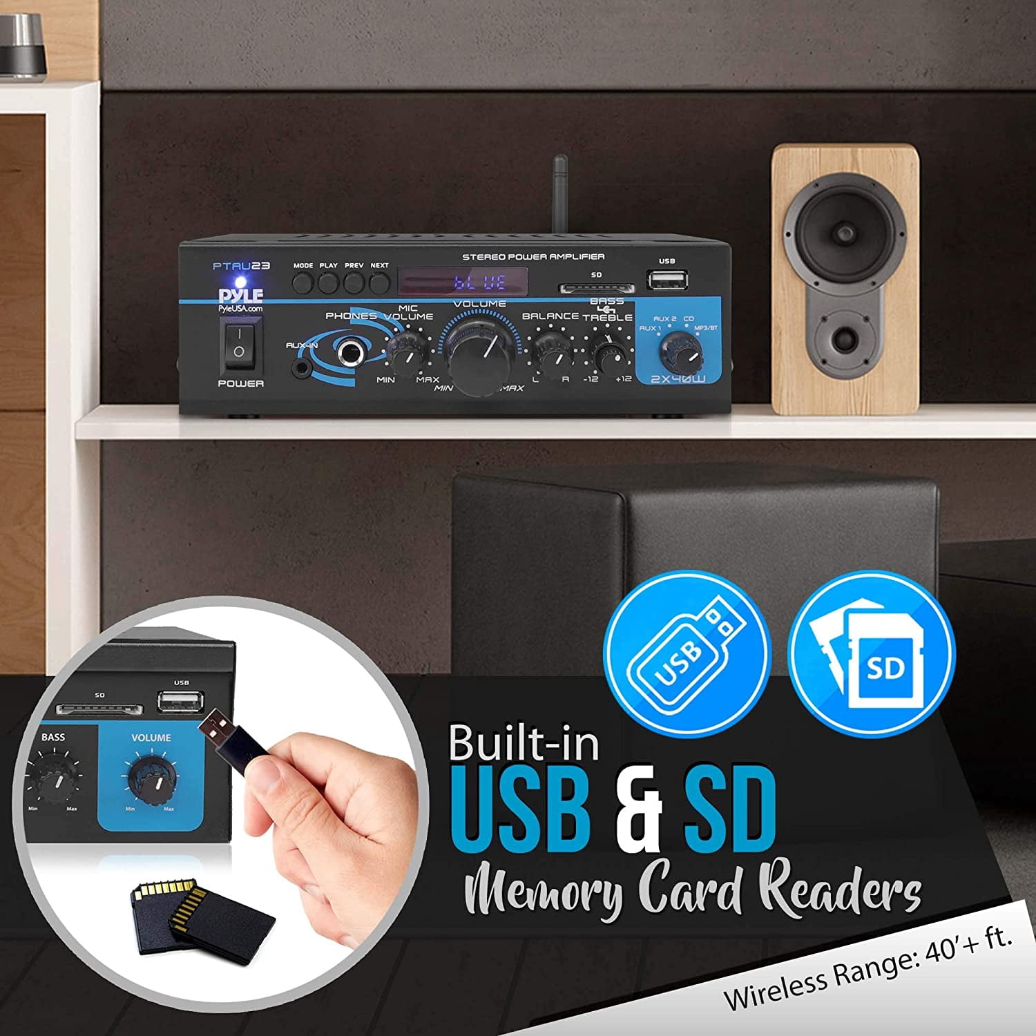 Pyle PTAU23.5 - Mini Stereo Power Amplifier - 2 x 40 Watt with USB, Aux, CD & Mic Inputs PTAU23.5