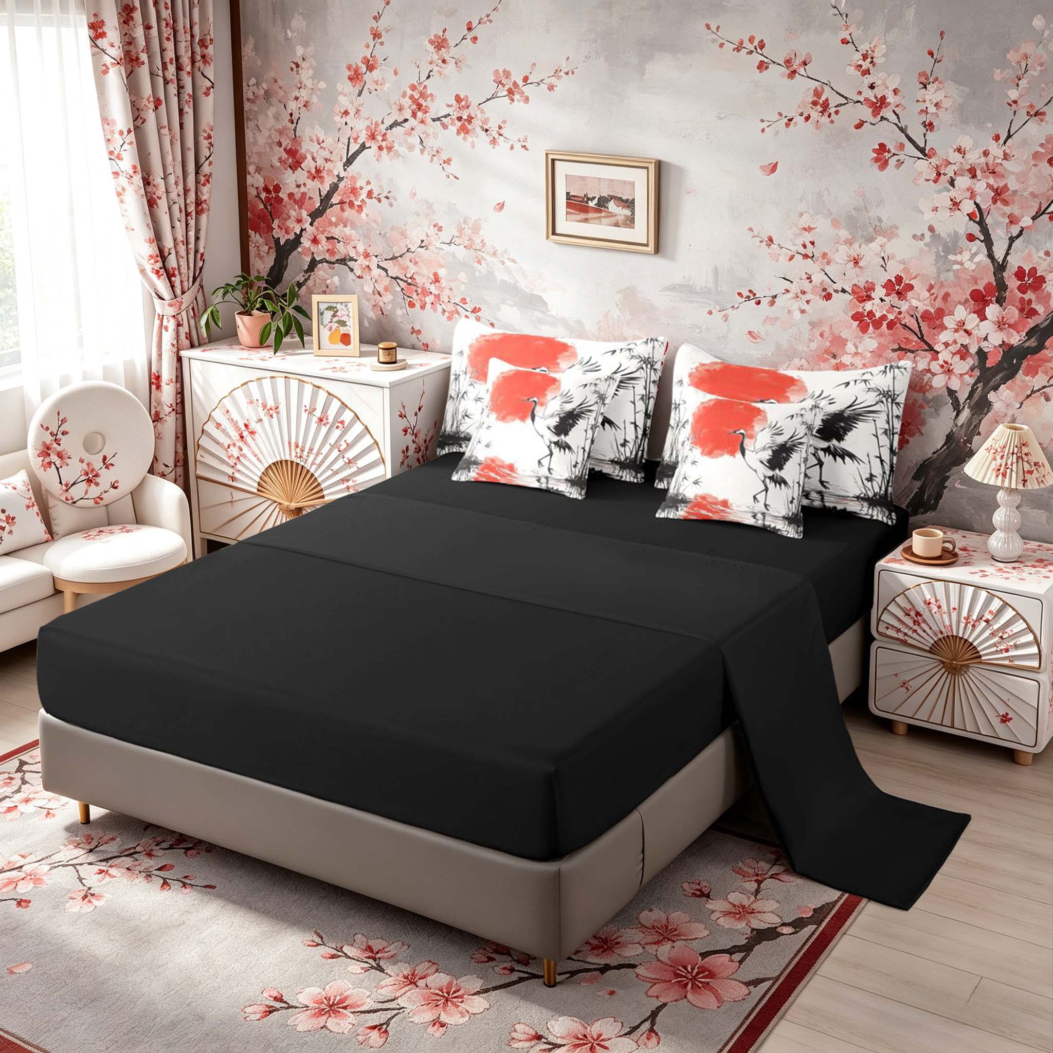 Manfei Ink Red Sun Crane Bedding Comforter Set for Teens, Reed Pond Queen Bedding Sets, Black Red White, Black Reversible 7pcs