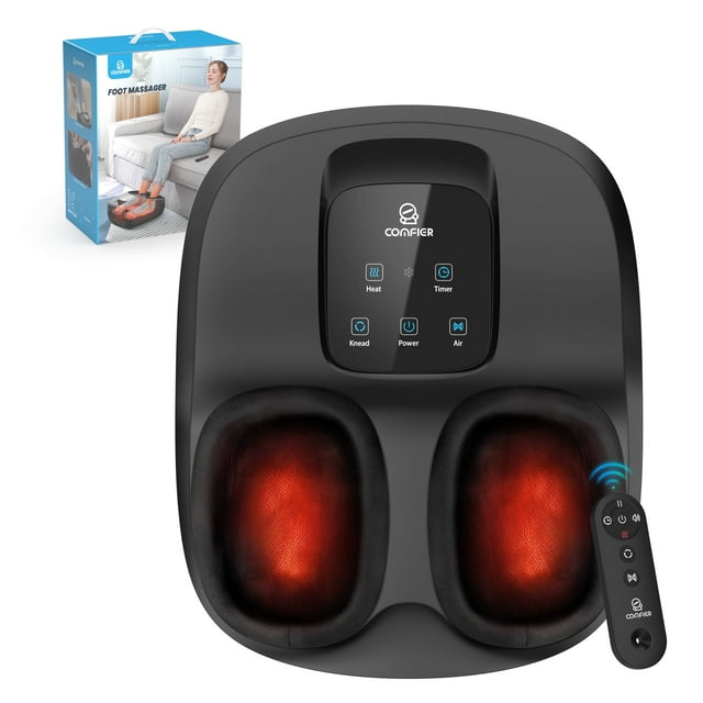 Comfier Foot Massager Machine with Heat, designed in black with a control panel for easy operation. The massager features two foot compartments with red heat indicators, providing shiatsu massage for improved blood circulation and relaxation. It includes a remote control for hands-free use, adjustable intensity levels, and a built-in pause function for a customized experience. Suitable for foot sizes up to 13, it comes with replaceable foot covers, making it an ideal gift for occasions like Father's Day or Christmas. The packaging in the background showcases its features and benefits.