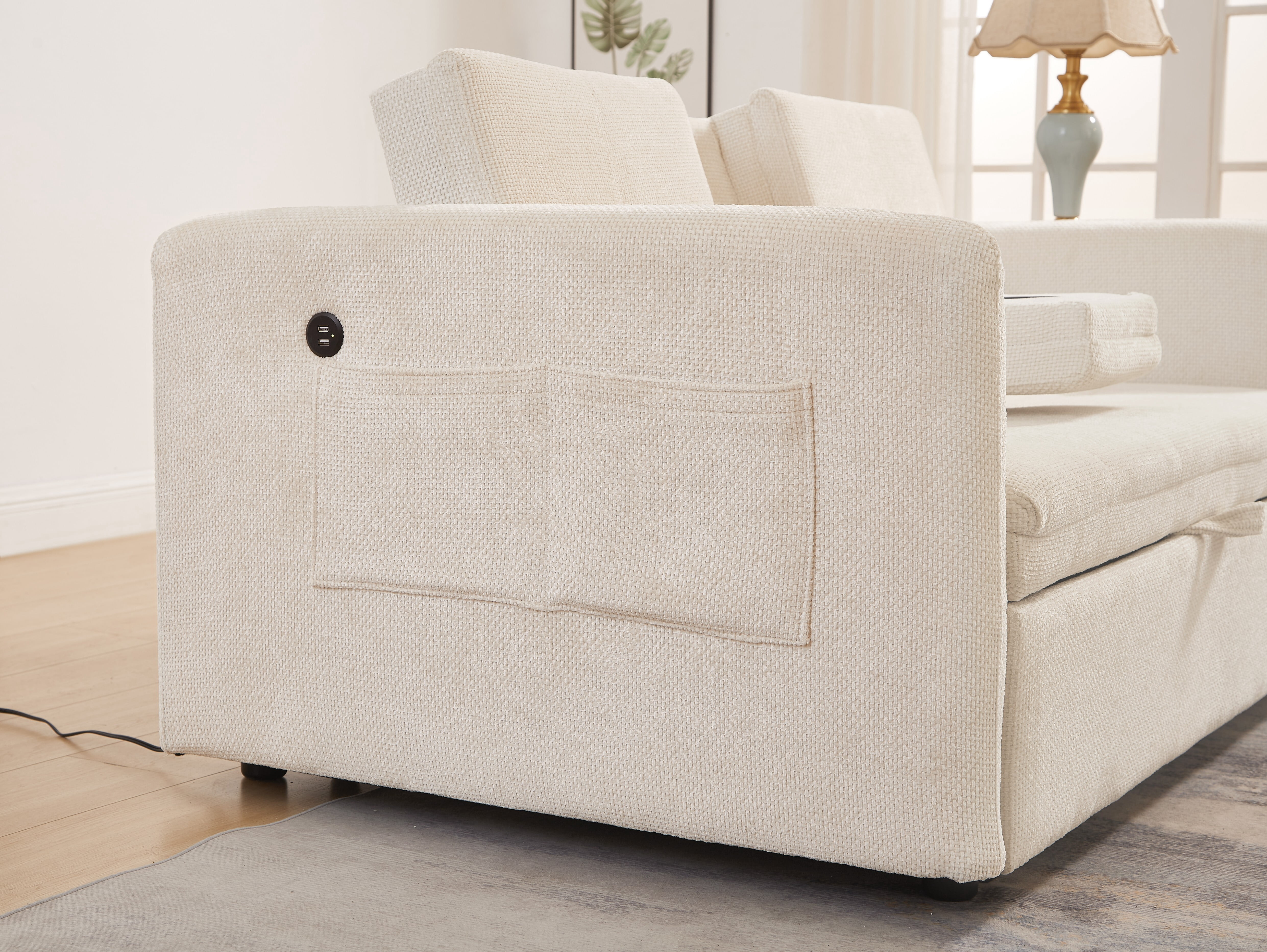 Noodeniya 57" 3 In 1 Convertible Sleeper Couch Bed with two cup holders, pull out sofa bed with USB and Side Pocket, Beige