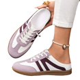thumbnail image 2 of Women's Striped Canvas Slip On Sneaker Mules, Backless Casual Lace Up Flat Loafers Low Top Walking Shoes With Comfortable Cushioned Insole Durable Rubber Sole Everyday Wear,Light Purple 6, 2 of 6