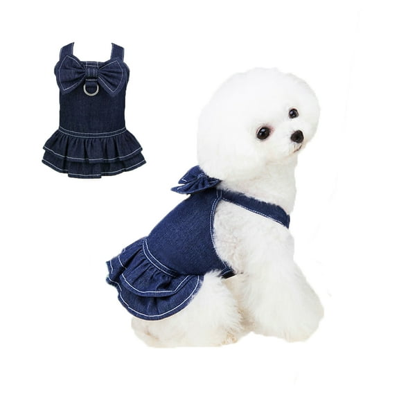 Dog Harness Dress, No Pull Dog Dress with D-Ring Bow, Pet Denim Shirts for Cats Puppy Small Medium Dogs (Dress S)