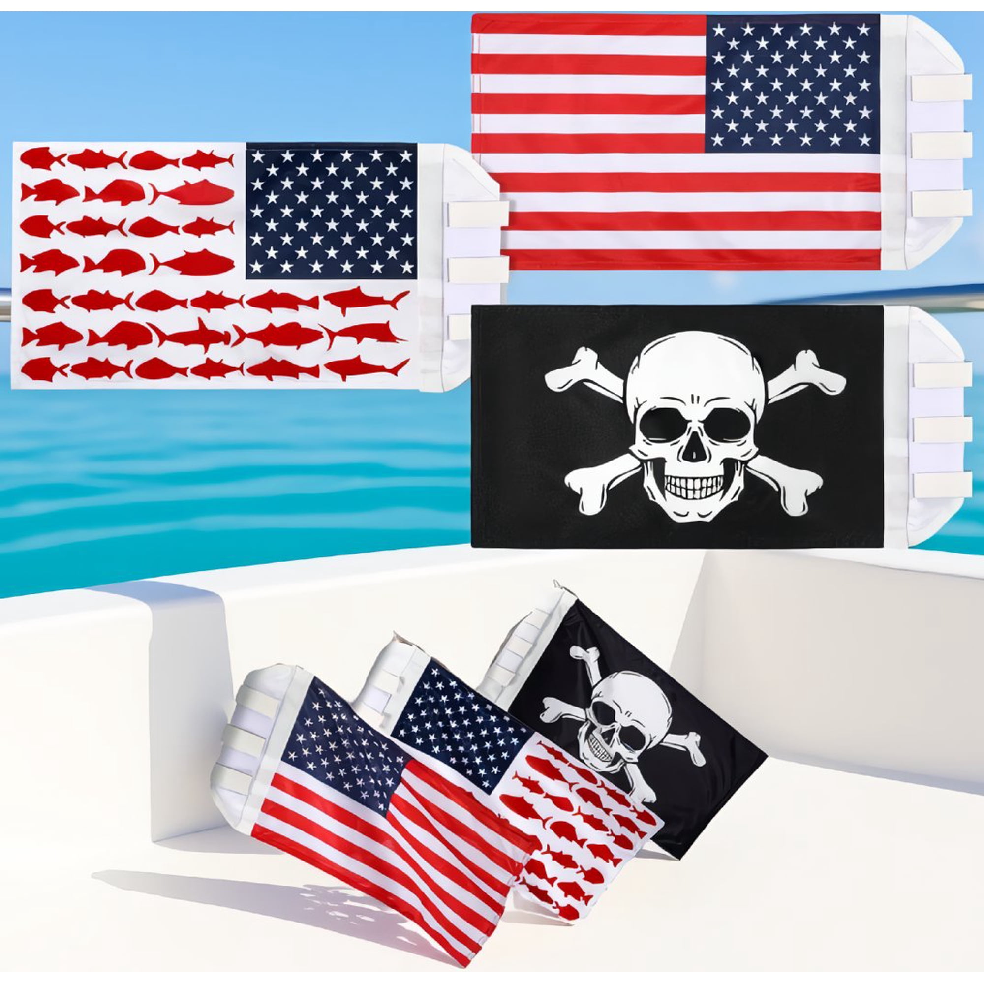 3 Pack Boat Flags with Rod Holder Attachment Nylon Sewn Stripes Fish & Pirate Flags for Marine Yacht UTV