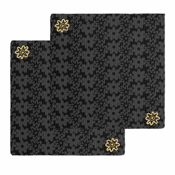 Black Golden Floral Kitchen Dish Towels for Drying Dishes Set of 2, Modern Abstract Art Spring Flowers Waffle Weave Microfiber Hand Tea Bathroom Towels Quick Dry & Absorbent Towel 12x12