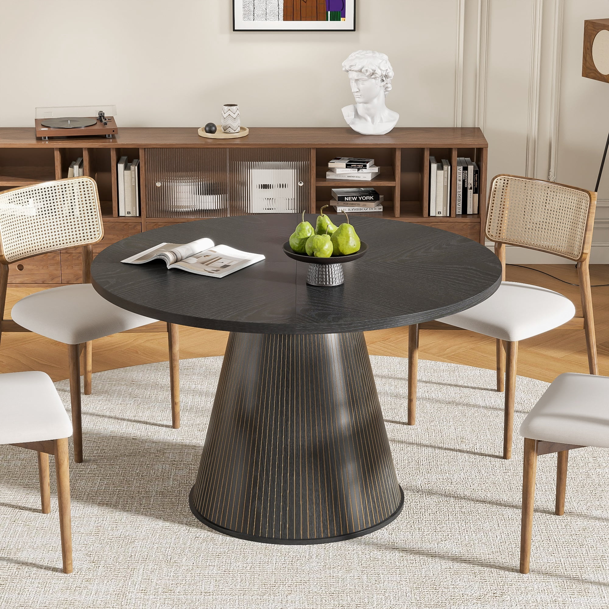 47 inch Round Dining Table for 4, Farmhouse Kitchen Table, Circle Dining Table for Kitchen, Living Room, Black