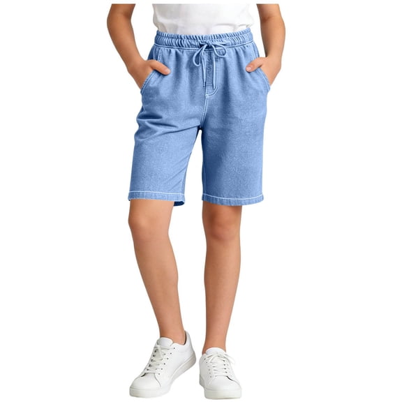 KyCheLot Kids Boys Girls Denim Shorts Straight Leg Drawstring Elastic Waist Jorts Casual Comfy Jeans with Pockets