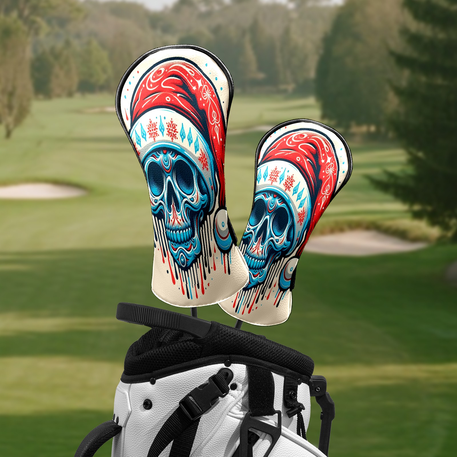 Golf Club Head Covers Beige Christmas Skull Waterproof Leather Golf Head Covers for Men Women Driver Head Cover Fairway Headcover for Golf Lovers