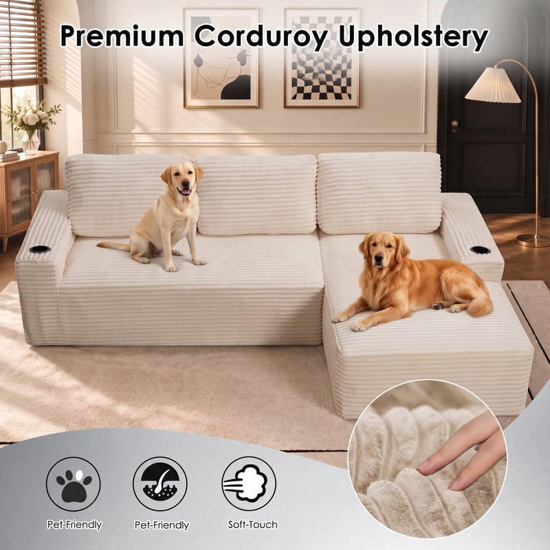 Anpport 104" Boneless Cloud Modular Sectional Couch, Corduroy Sofa with Cup Holders, Side Pockets, Deep Seat, No Assembly Required for Living Room, White (R‑Shaped, Right Facing Chaise)