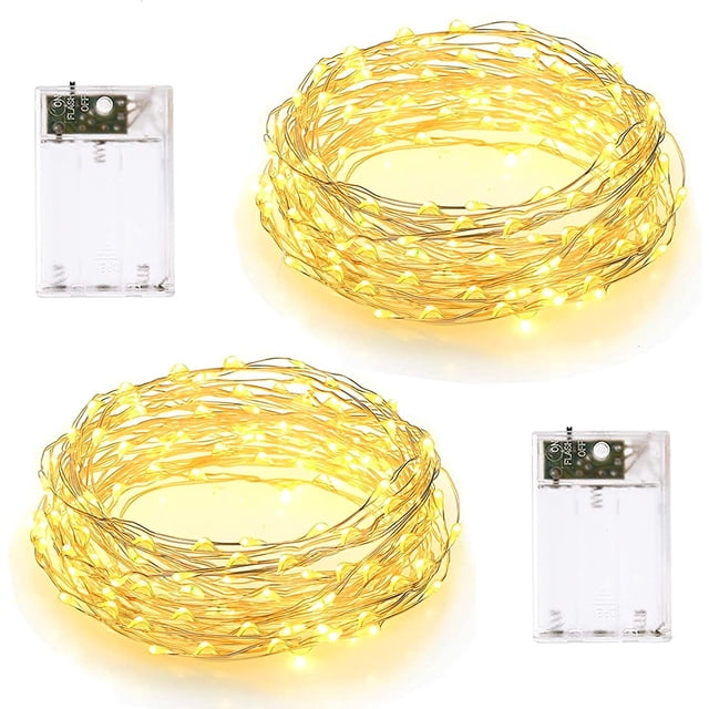Paquete de 2 Guirnaldas de Luces LED de 10 m, 2 Modos de Iluminación, Funciona con Pilas, 100 LED, Alambre Plateado, para Dormitorio, Pared, Fiesta de Navidad, Boda, Cumpleaños, Decoración, Blanco