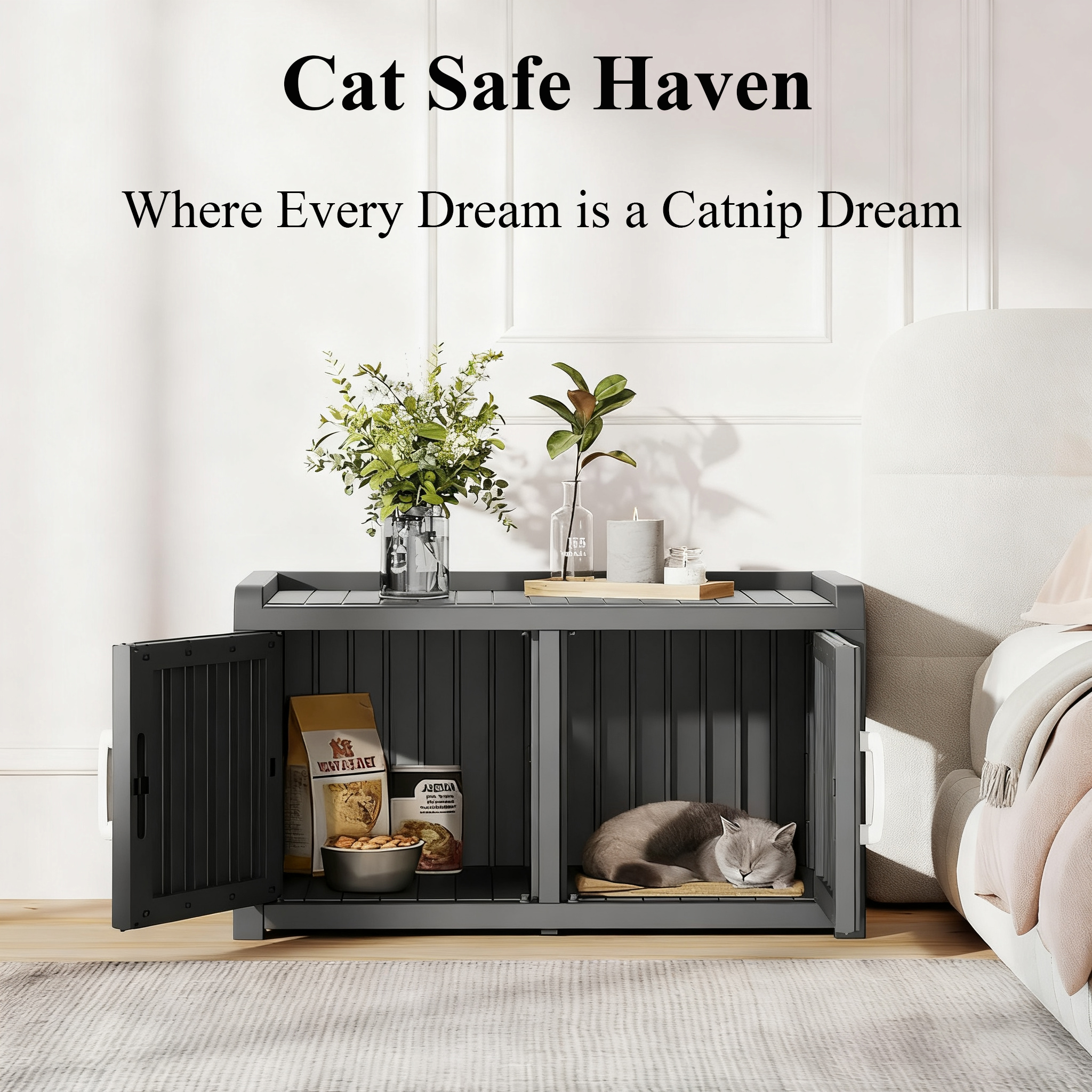 Decksplore Cat Cabinet (31.9"x16.7"x17.8"), HDPE Hidden Cat Litter Furniture, Dual-Door, Litter Box Furniture for Bedroom, Courtyard (Black)