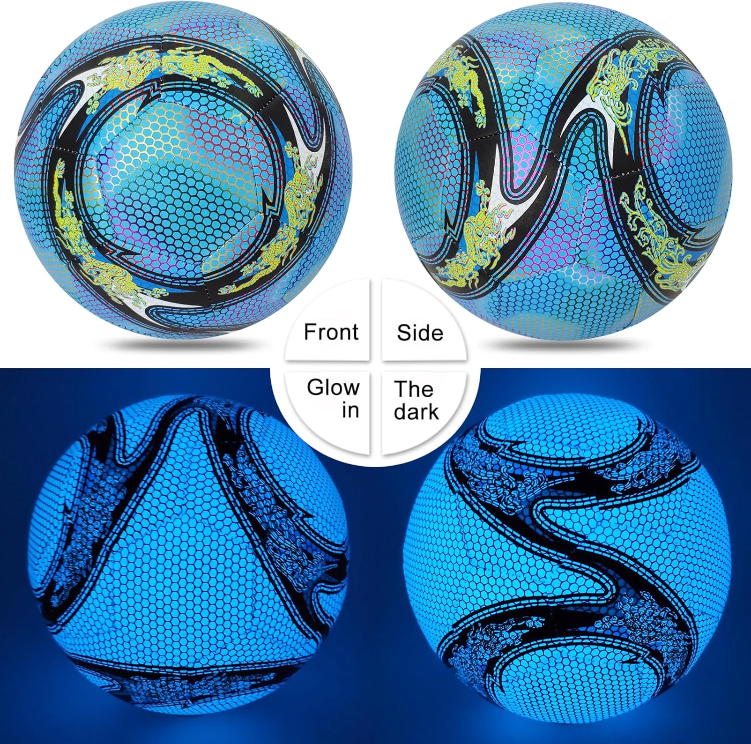 Soccer Ball Glow in The Dark Blue, Glowing Soccer Ball Size 4/5 for Men Women Night Games, with Pump and Carry Bag