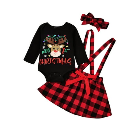 

Wrcnote Newborn Long Sleeve Santa Claus Printed 3Pcs Outfit Suit Cute Photograph Bow Tie Jumpsuit Top+Strap Dress+Headband Crew Neck Spring Autumn Outfits K101820 80 (3-6M)