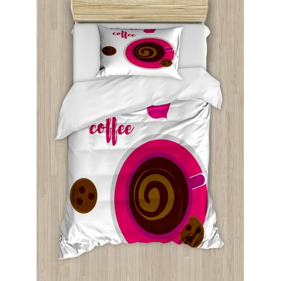 But First Coffee Duvet Cover Set Twin Size, Cursive Text Written by Hand Top View Cookies and Hot Beverage, Decorative 2 Piece Bedding Set with 1 Pillow Sham, White Pink Brown Grey, by Ambesonne