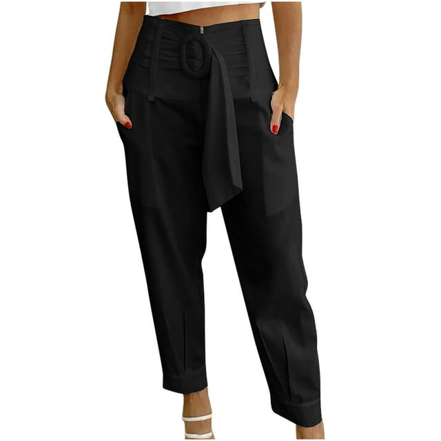 Babysbule Women's High Waist Capris Pants Zipper Straight Leg Solid Color Versatile Casual Pants