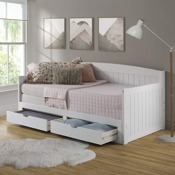 Alaterre Furniture Lit de Jour en Bois Harmony, Simple, Lit Gigogne en Pin Brésilien Blanc pour Soirées Pyjama avec Enfants, 2 Tiroirs Coulissants, Capacité de Charge de 220 Lb, Lit Simple, Moderne, Robuste, Durable