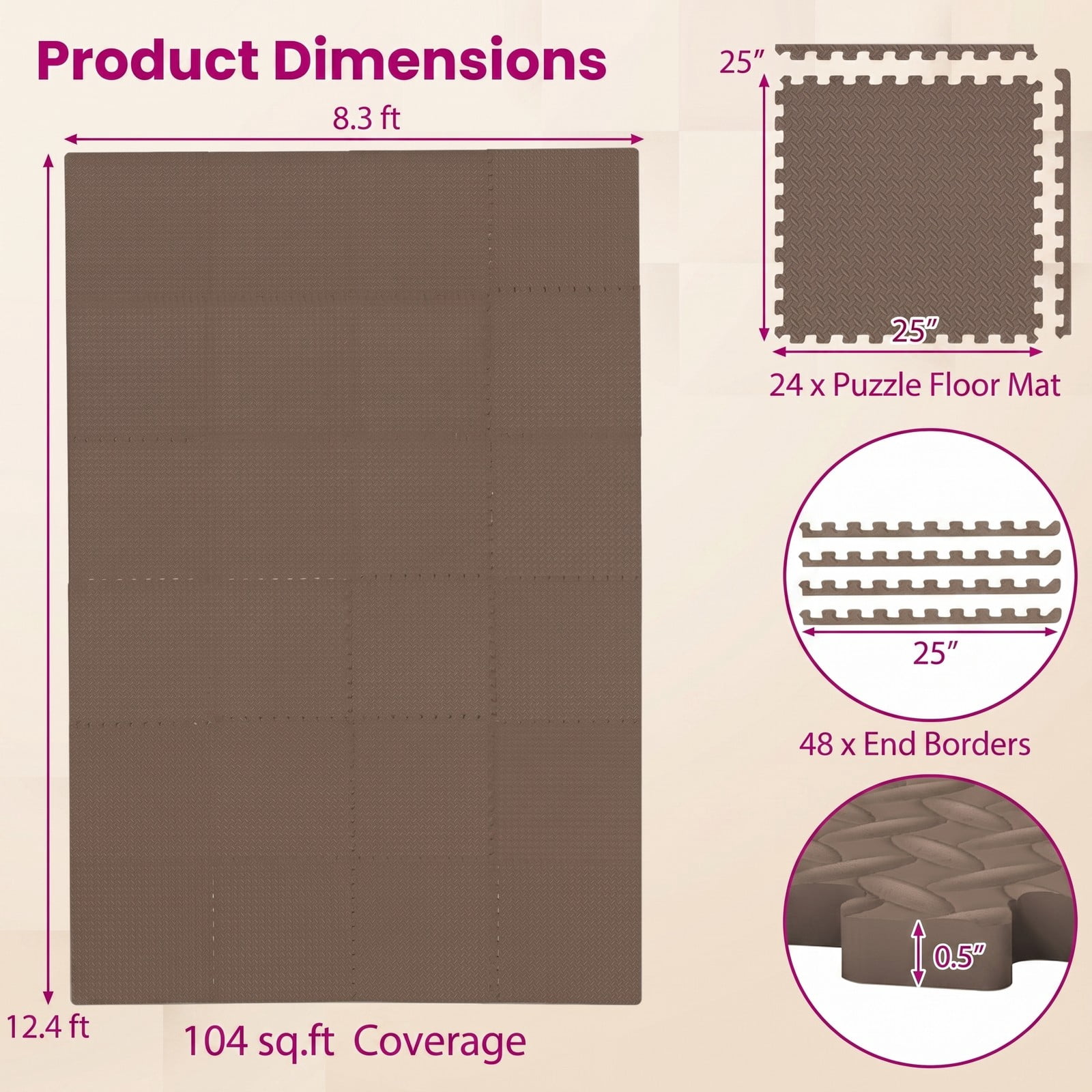 Airfind 24 Tiles Puzzle Exercise Floor Mat with Interlocking EVA Foam and Non-Slip Texture for Home Gym Equipment Protection, Brown