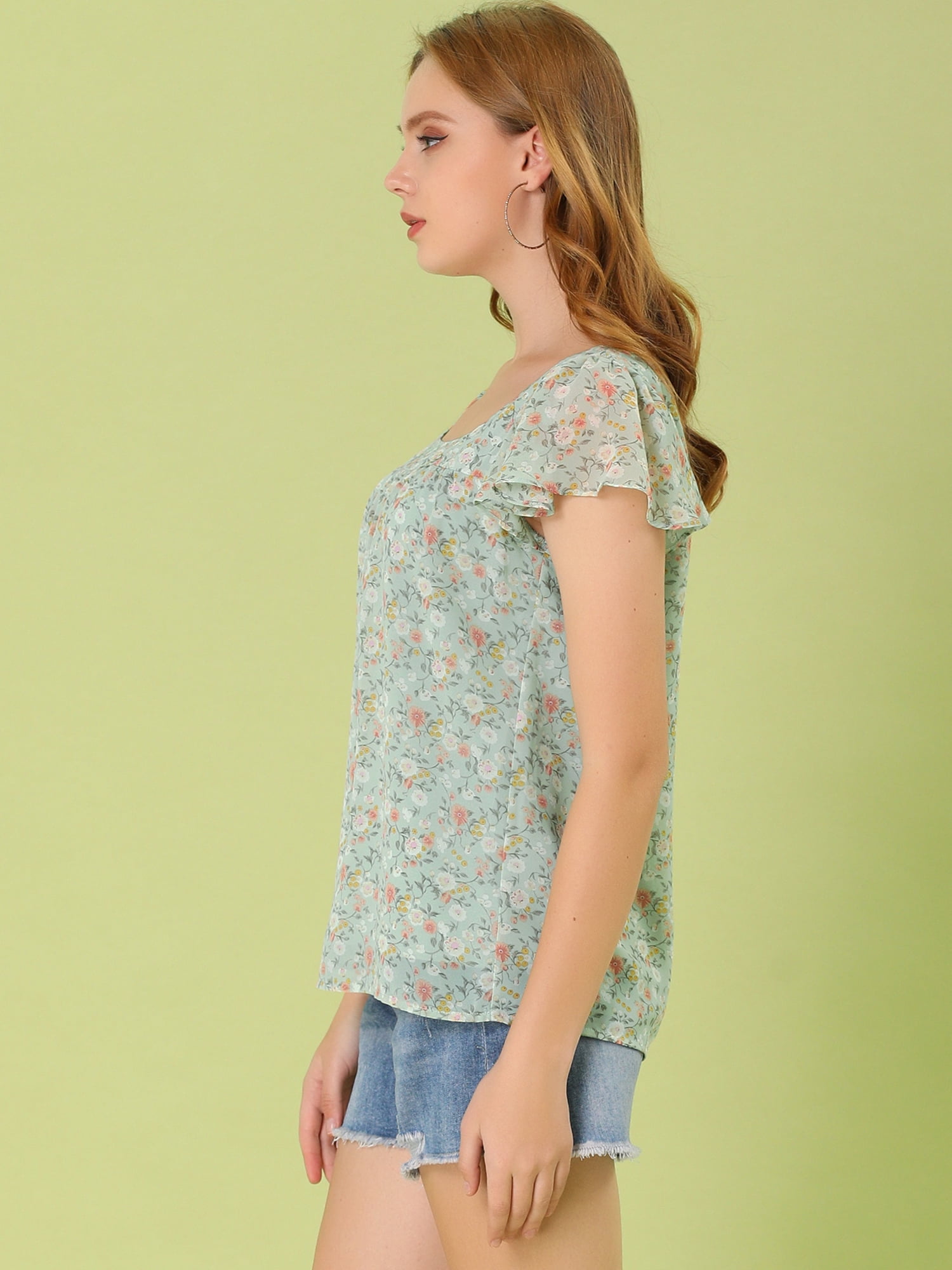 DARING DIVA Women's Floral Ruffle Sleeve Chiffon Blouse Top 3XL Green