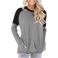 thumbnail image 1 of Femmes Décontracté Patchwork Poches Col Rond Chandail Manches Longues Blouse T-shirt Hauts, 1 of 9
