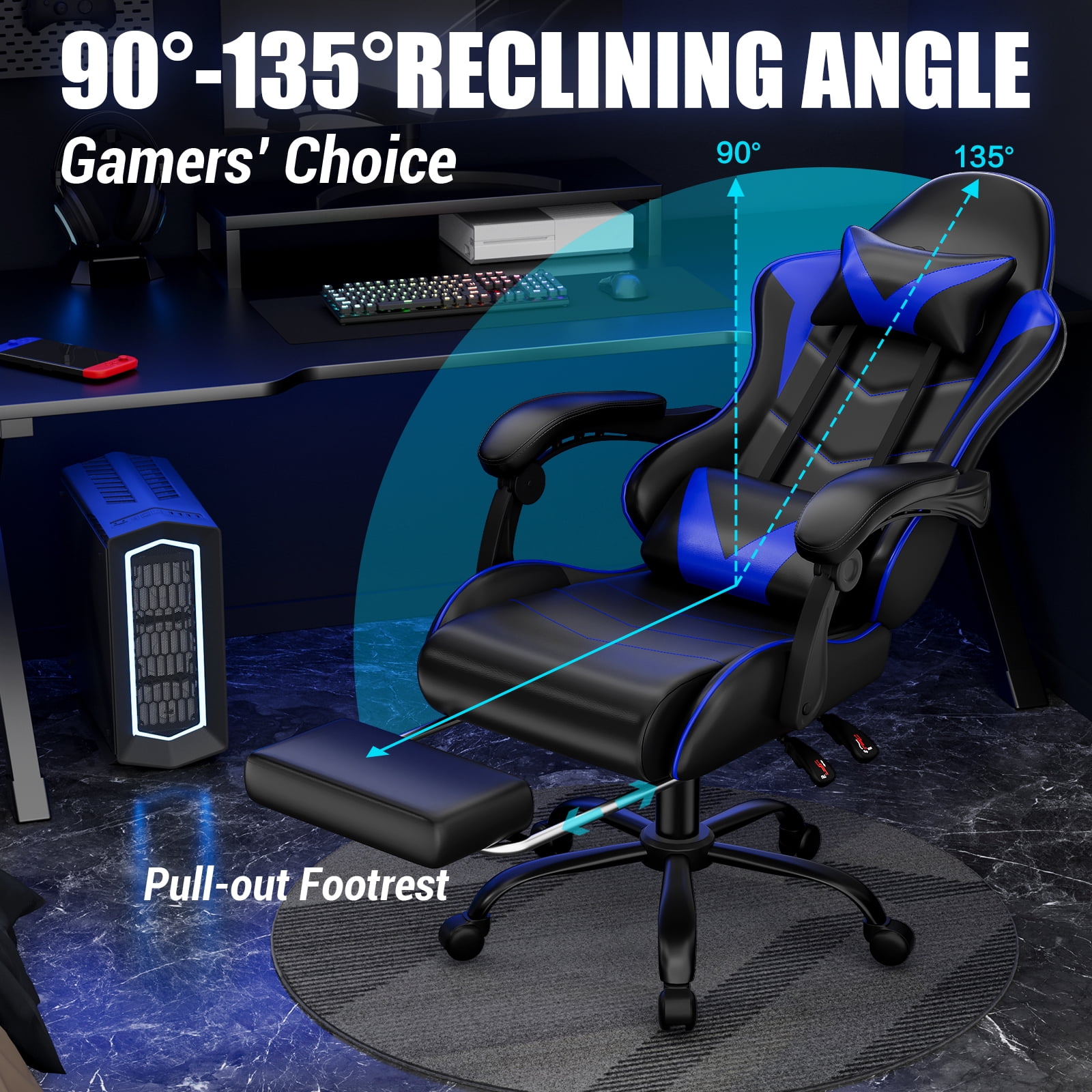 Czlolo Gaming Chair, Lumbar Massager Game Chairs, High Back Reclining, with Headrest Gamer Office Chair.(Blue)