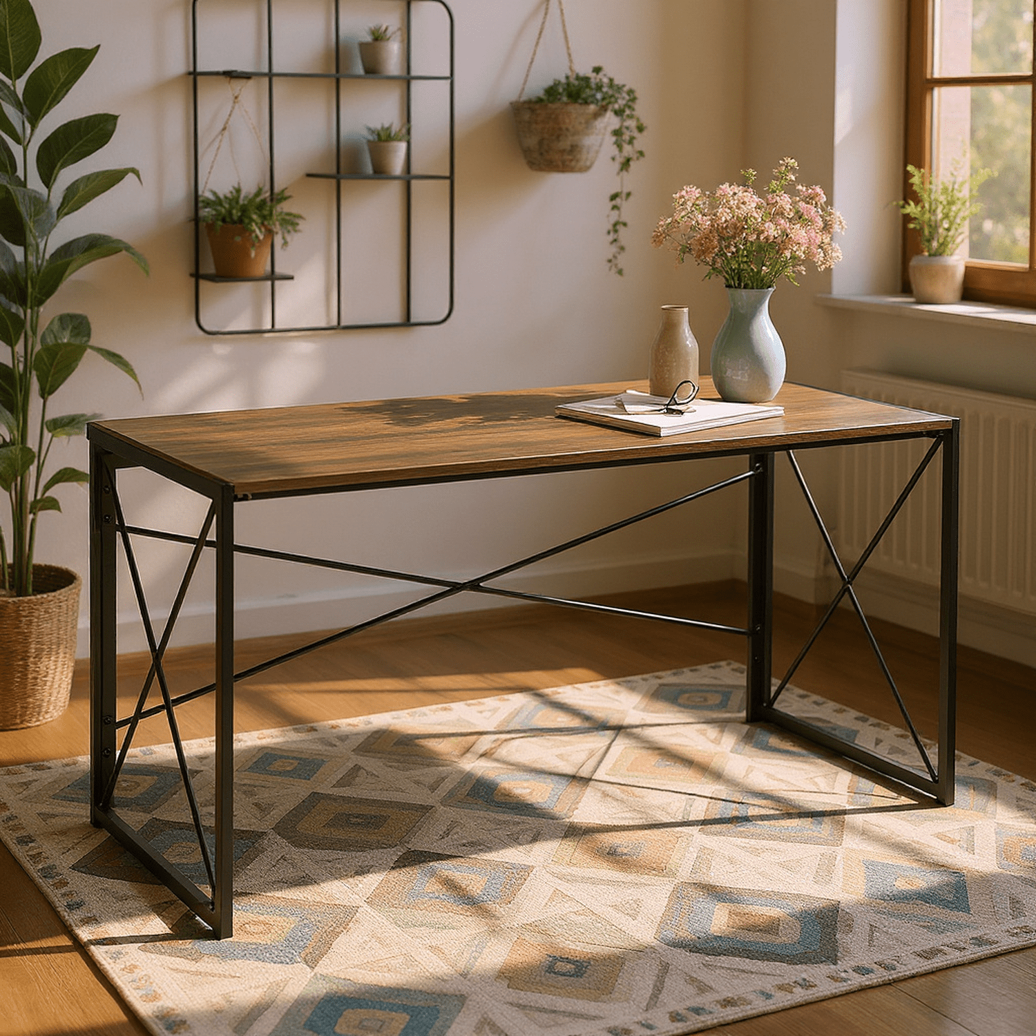 Homy Casa 55″ Folding Craft and Work Table, Industrial Wood Desk for Home Office, Sewing, DIY, Brown