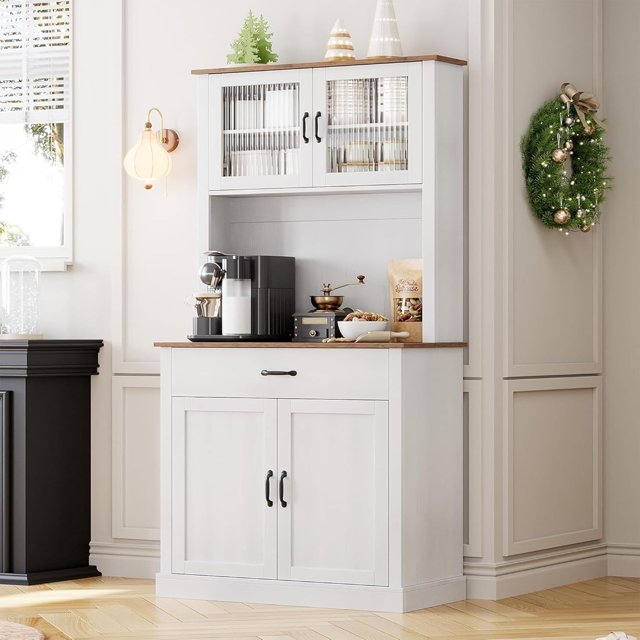 71inch Tall Kitchen Pantry Cabinet with Coffee Bar and Microwave Stand Rack ,Wooden Freestanding Hutch Cabinet with Adjustable Shelves and 4 Doors&Drawer, Pantry for Kitchen, Dining Room, White