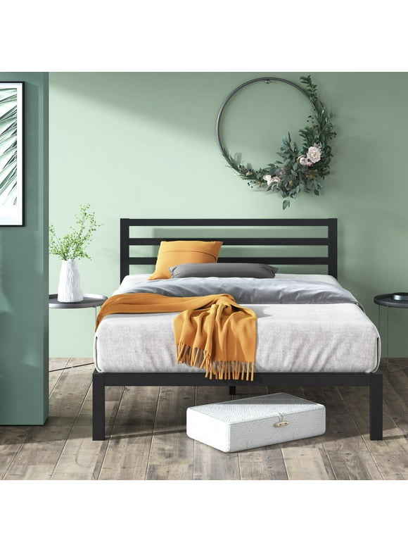 Lit plateforme en métal Zinus Mia avec tête de lit, très grand, base de matelas en acier moderne et minimaliste, aucun sommier requis, noir