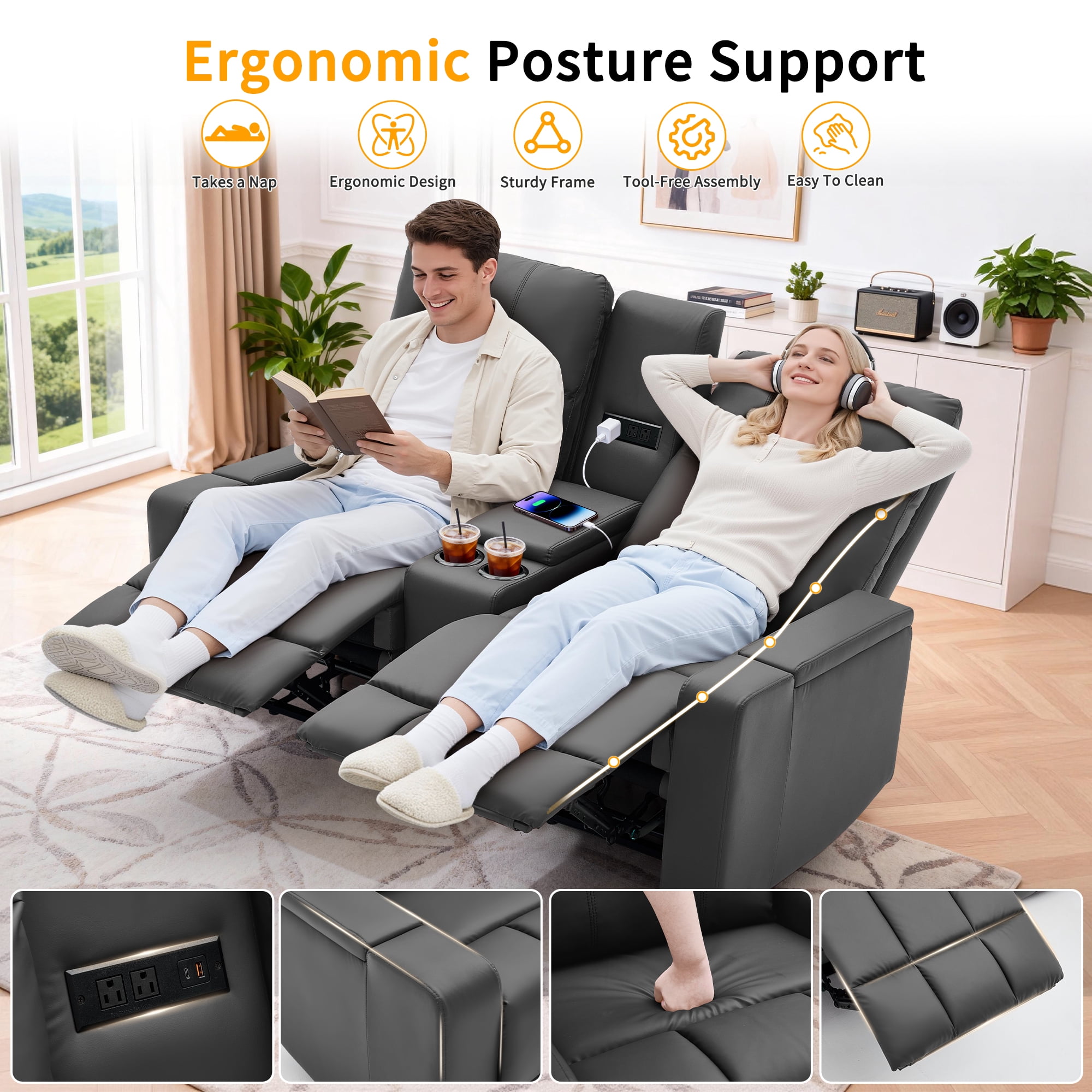 Korser Reclining Loveseat with Cup Holders,2-Seater Recliner Sofa with USB Ports & Type C Double Manual Recliner Chair for Living Room,Faux Leather,Grey