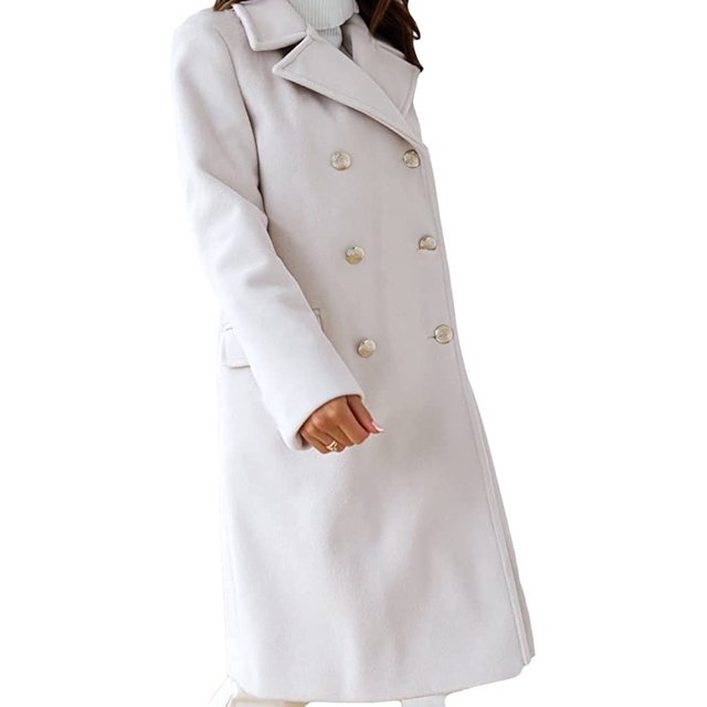 LinYooLi Women's Notch Lapel Double Breasted Pea Coat Winter Casual Wool Blend Overcoat Long Shacket Jacket
