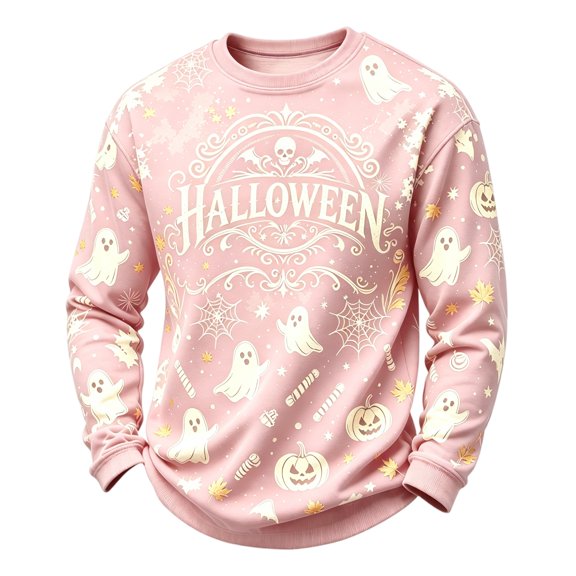 DORKASM Halloween Men's Shirts Long Sleeve Crew Neck Spider Web Skull Comfy Tshirt Witch Trendy Spider Ghost Graphic Fashion Pullover Pink 3XL