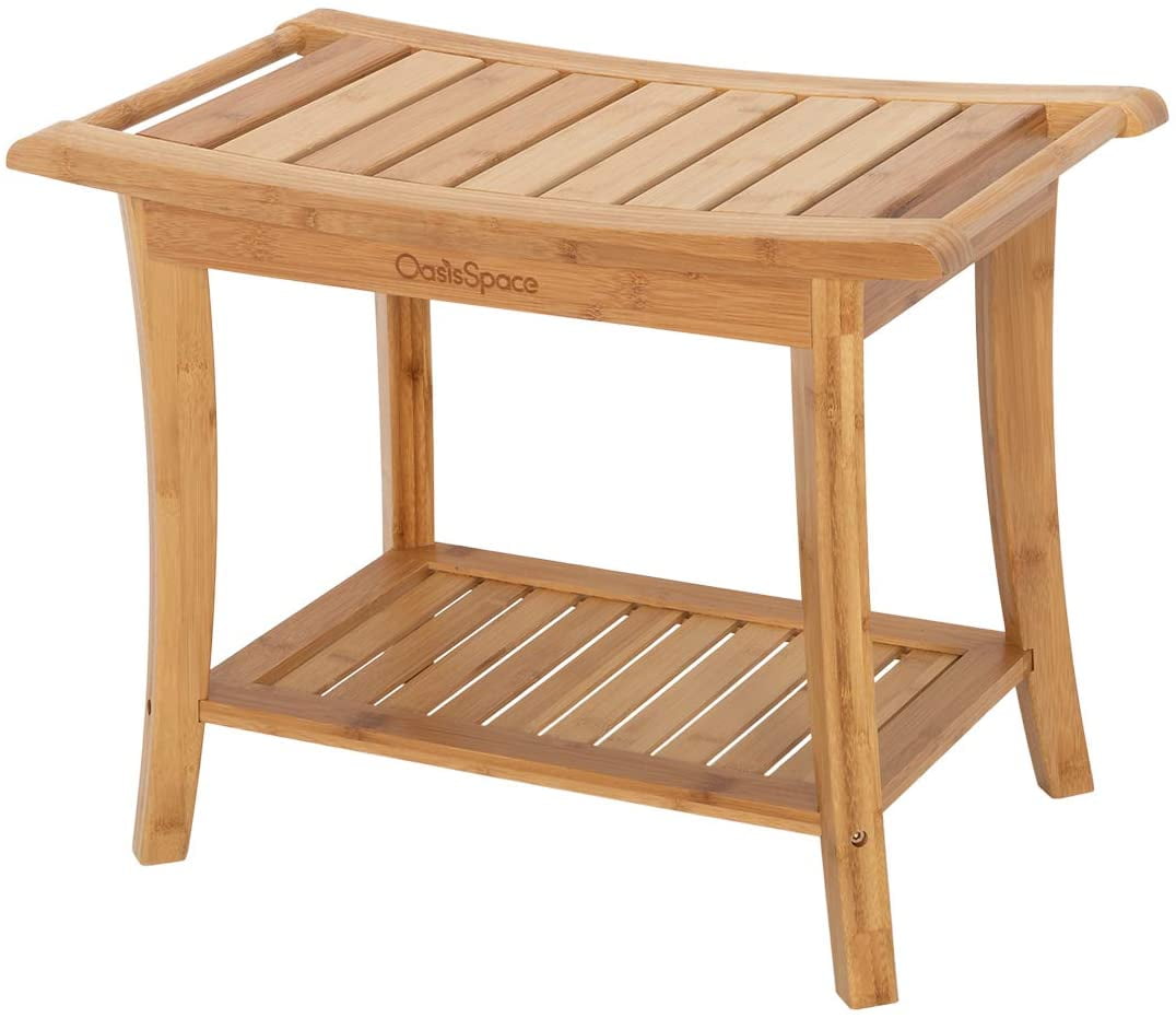 Ollieroo Bamboo Shower Bench Seat Wooden Spa Bench Stool with Storage Shelf Bath Seat Bench Stool Bath & Shower Transfer Benches 