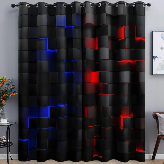 Red Blue Geometric Decorative Curtains, Modern Geometric Window Curtain For Bedroom Living Room, Light Blocking Grommet Drapes For Dining Room Darkening Curtains 42"W x 96"L (Pack of 2)