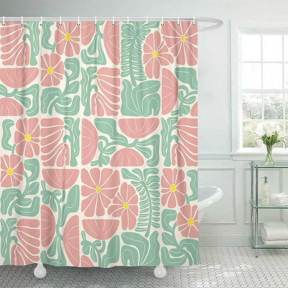 Boho Abstract Colorful Floral Shower Curtain, Vintage Retro Patchwork Pink Green Flower Botanical Geometric Aesthetic Groovy Bathroom Decor Shower Curtain Set with 12 Hooks, 72X72in